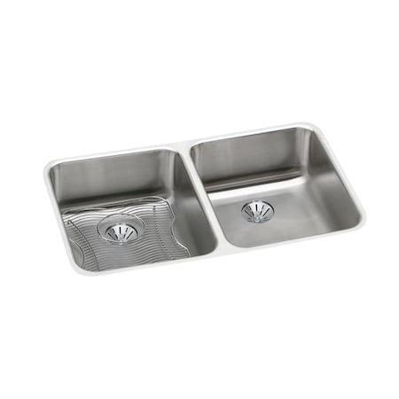 Lustertone Stainless Steel 30-3/4X18-1/2X7-7/8 Equal Double Bowl Undermount Sink Kit W/Perfect Drain